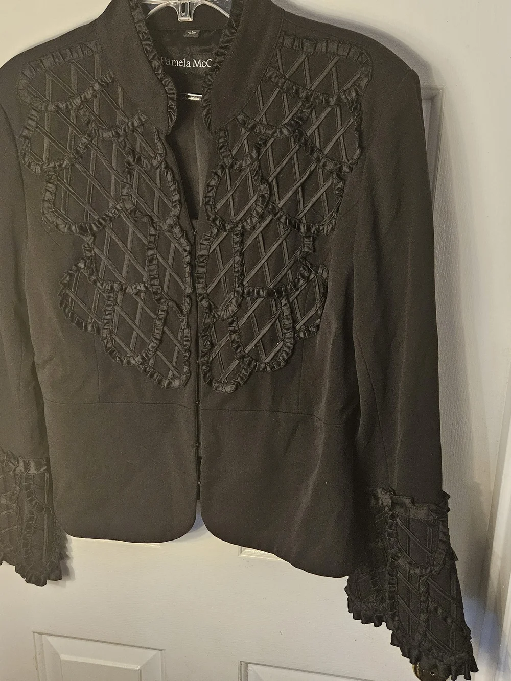 Pamela McCoy Black Ruffle-Trim Textured Blazer - Picture 1 of 14